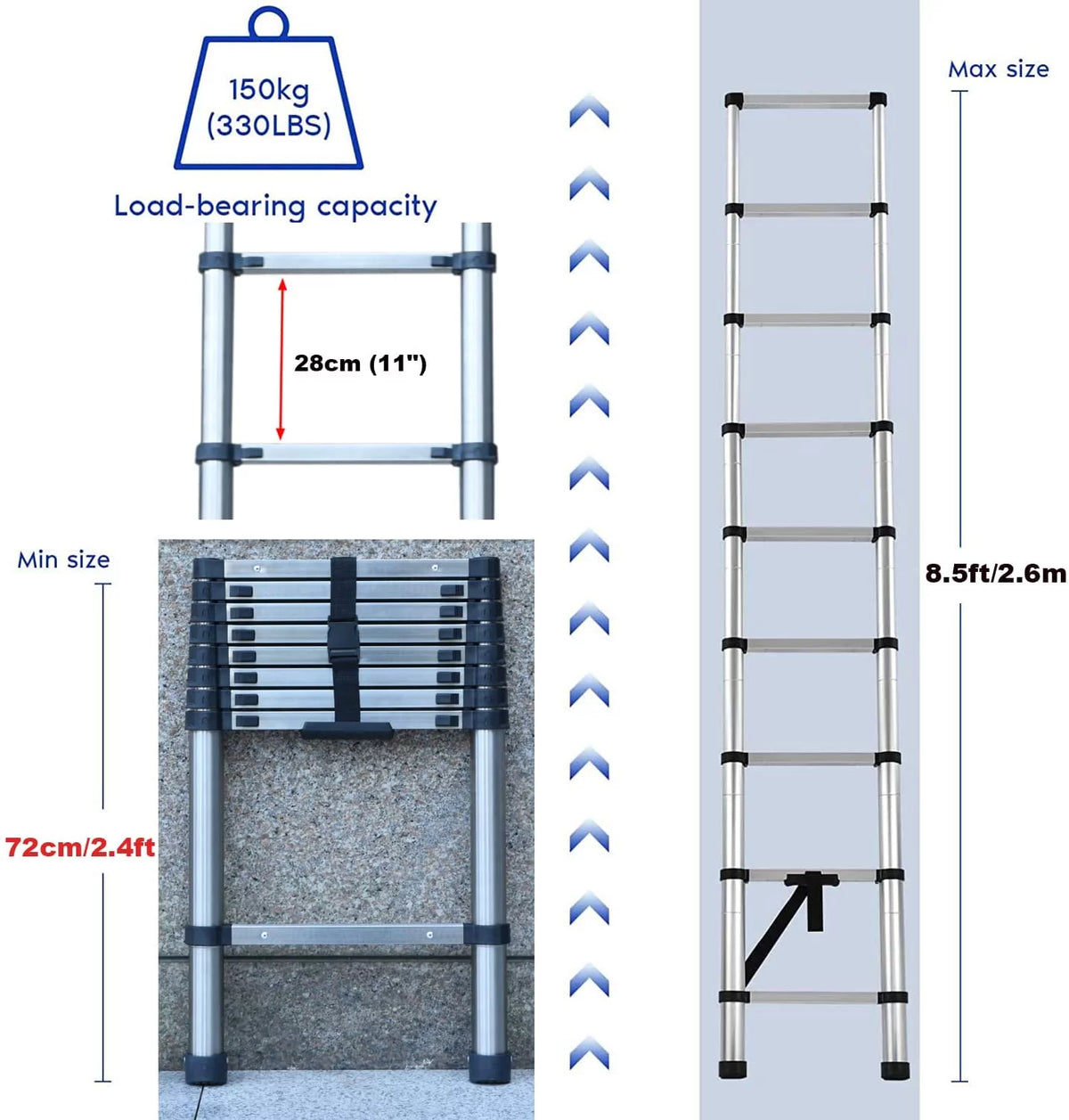 8.5ft Stainless Steel Telescopic Non-Slip Ladder V25876
