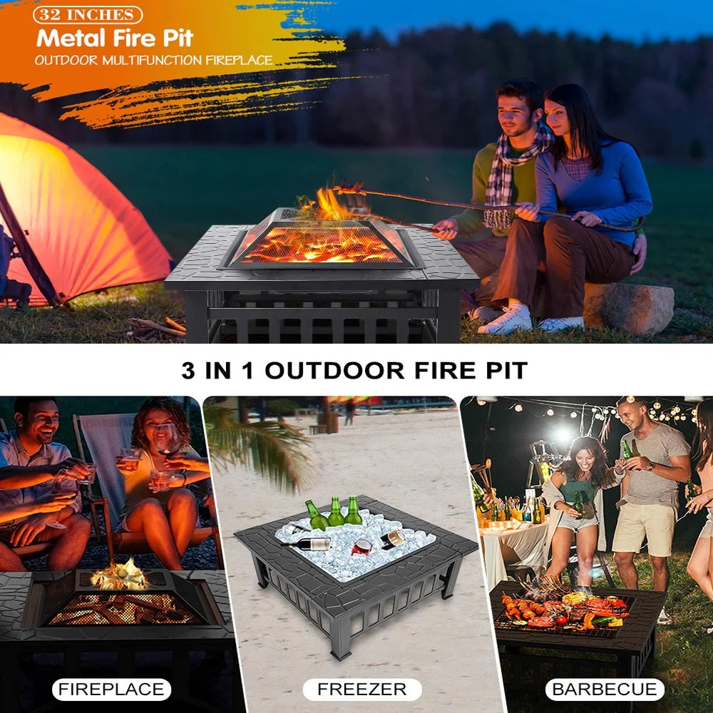 32 Square Iron Wood Burning Fire Pit with BBQ Net E3374