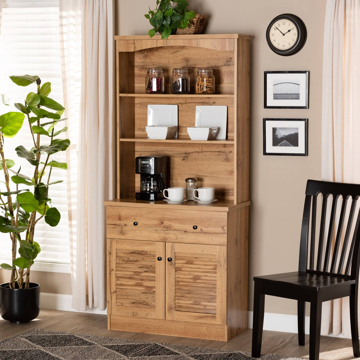 Modern Oak Brown Finished Wood Buffet and Hutch Cabinet Z5652