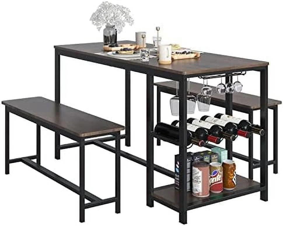 3-Piece Rustic Wood Dining Table Set with Benches Z5226