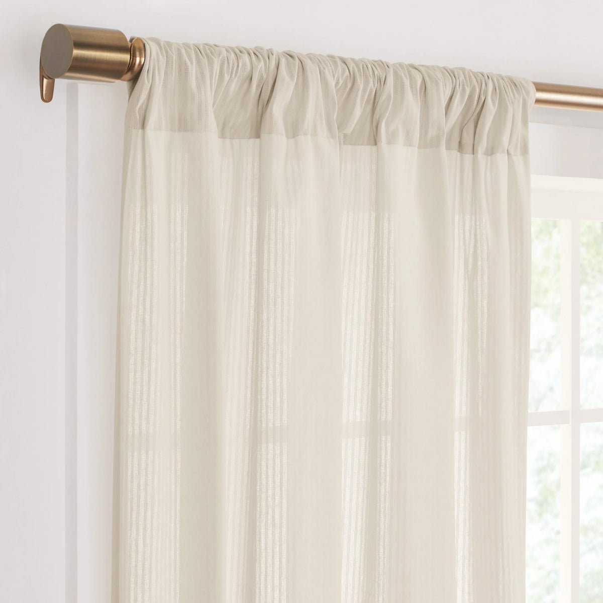 Semi-Sheer Stripe Organic Cotton Window Curtain Pair White 84 Q54792