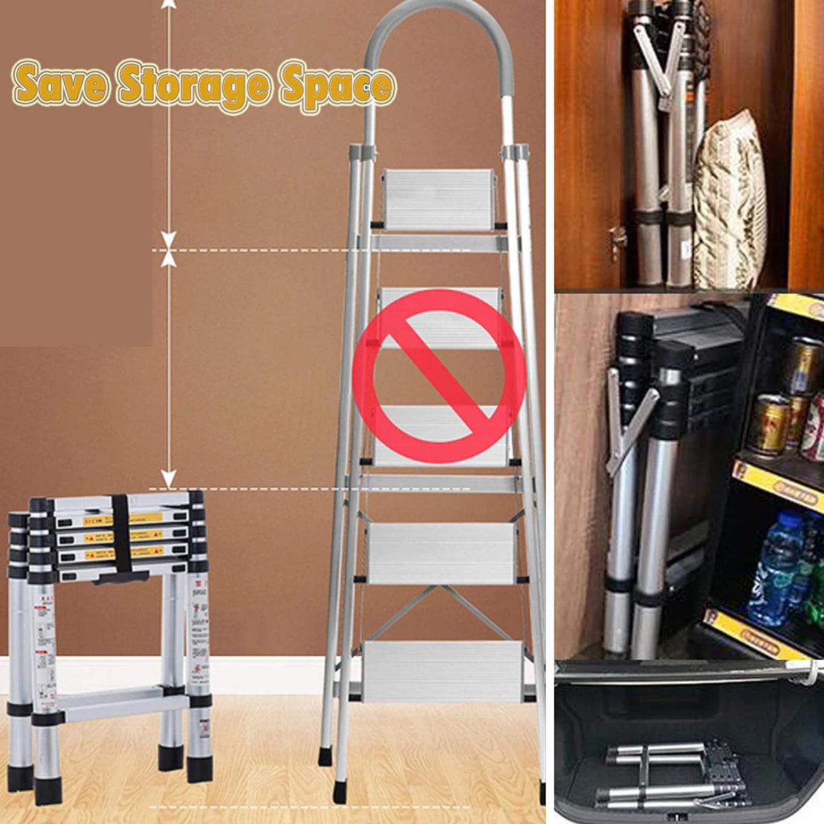 Telescopic Step Ladder Aluminium Heavy Duty 150KG Capacity Folding Anti-Slip Stepladder I184560