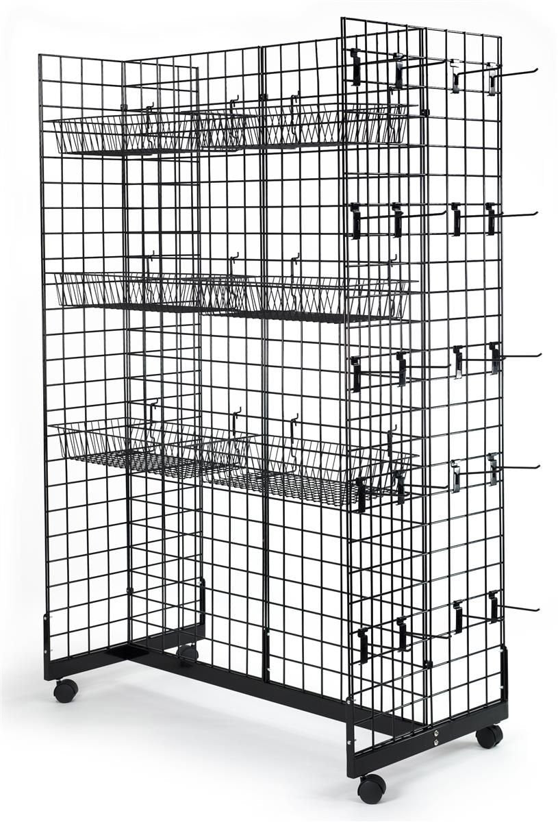 Black Gridwall Panel Display Fixture with Gondola Base and Casters M30284