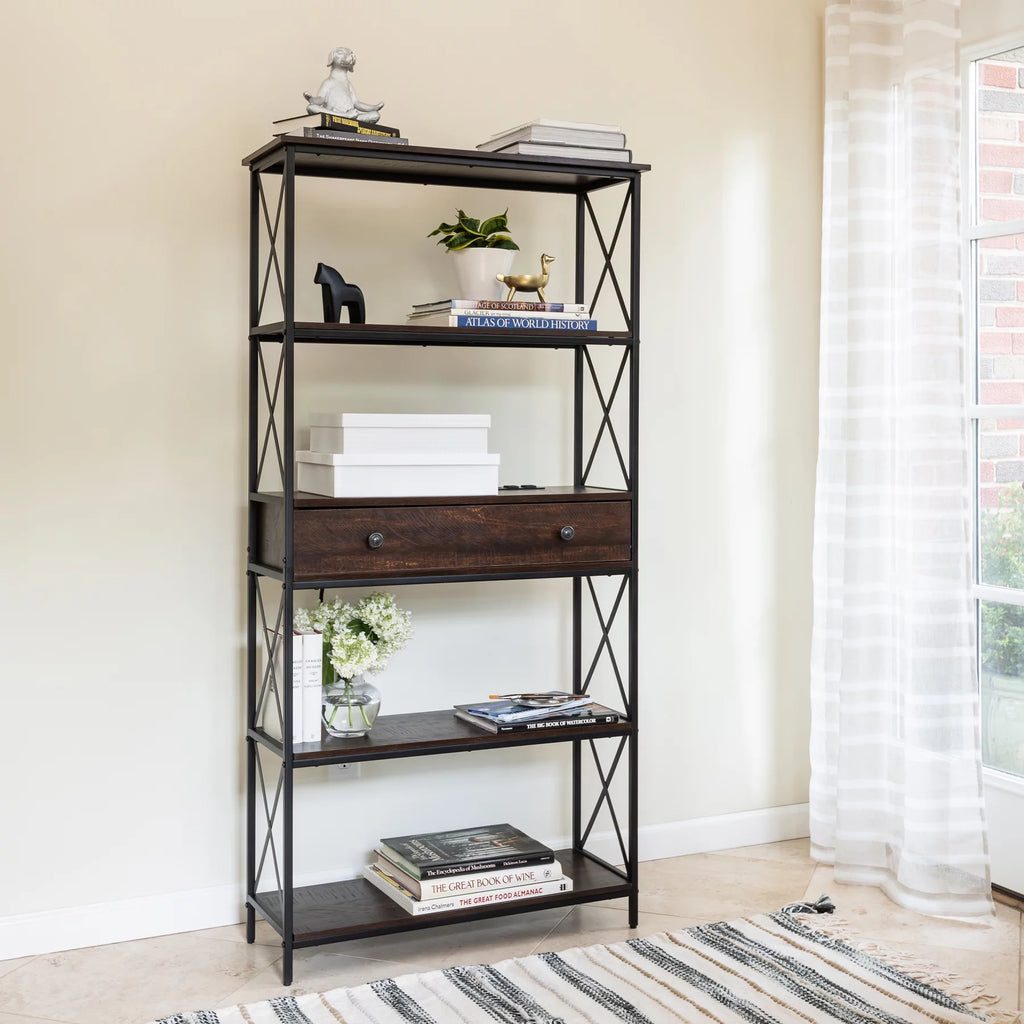 5 Shelf Bookcase with USB, AC Power Outlets and Drawer, Walnut T48641