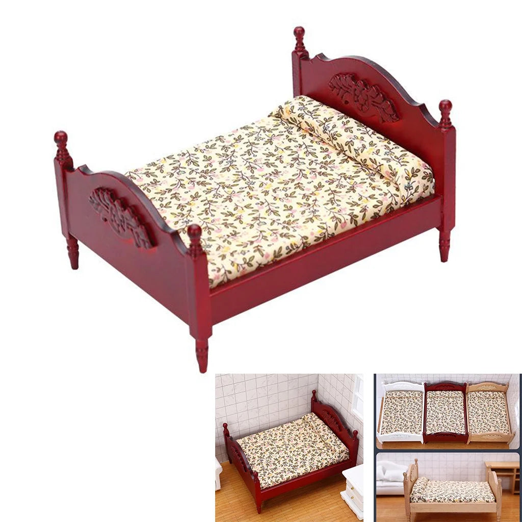 Miniature Birch Wood Double Bed 1:12 Scale Doll House Furniture P10337