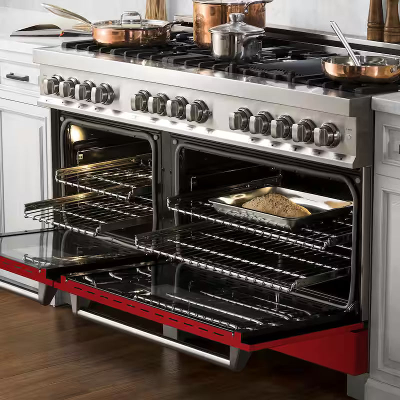 9-Burner Double Oven Dual Fuel Range with Red Gloss Door T1447