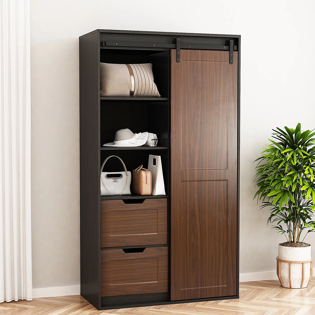 71-inch Black Brown Sliding Barn Door Wardrobe and Cabinet J82210