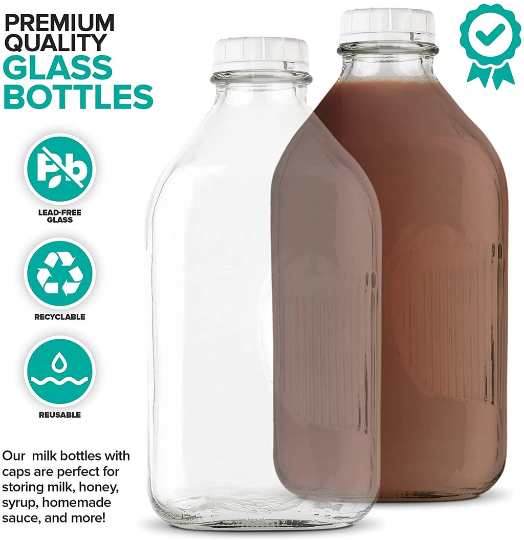 64-Oz Glass Milk Bottles with 3 White Caps, Dishwasher Safe K386737