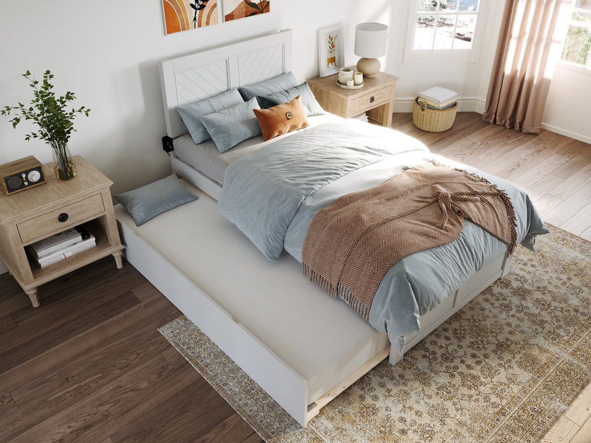 White Solid Wood Platform Bed with Twin XL Trundle T917746