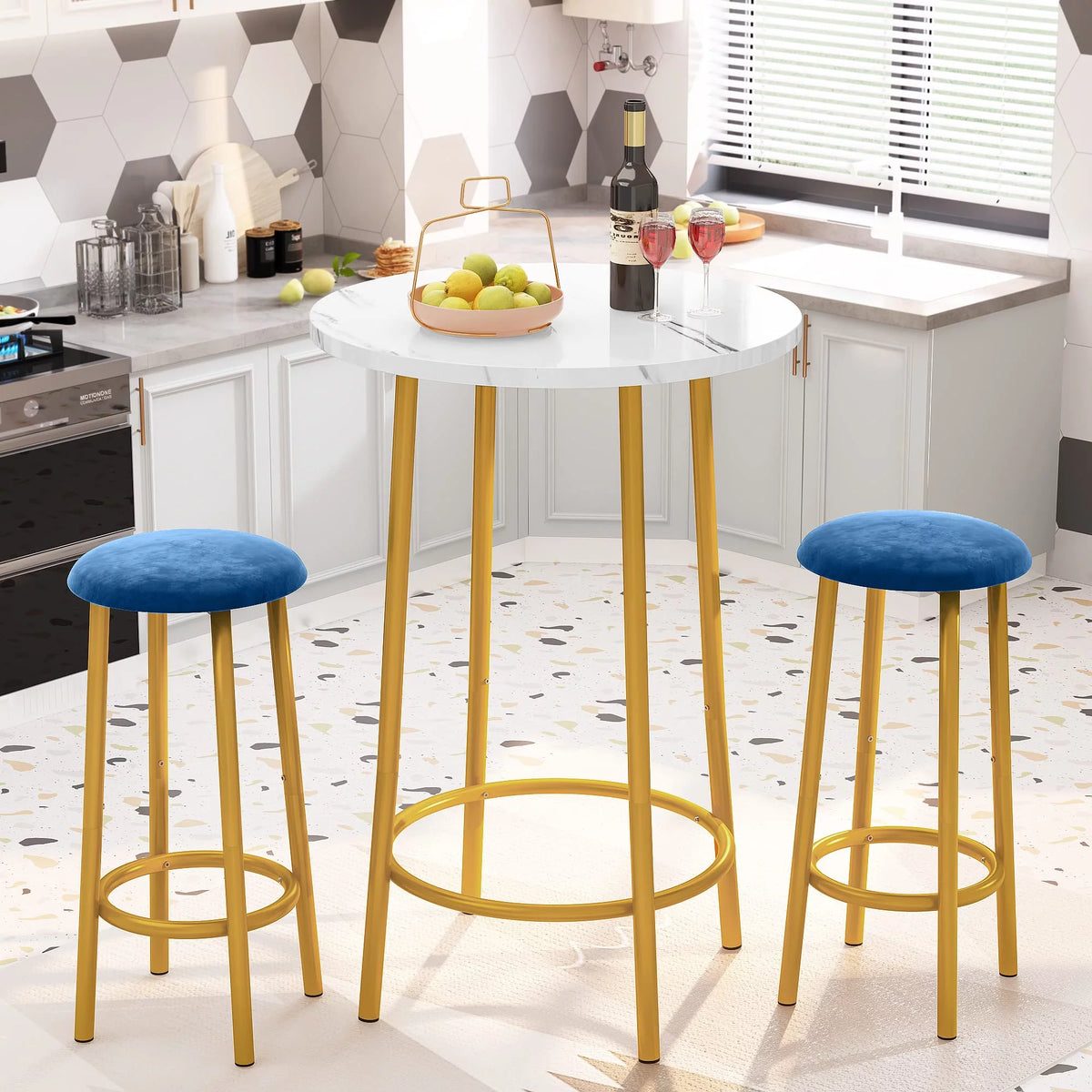 White Blue Velvet Bar Table Set with 2 Stools G2749
