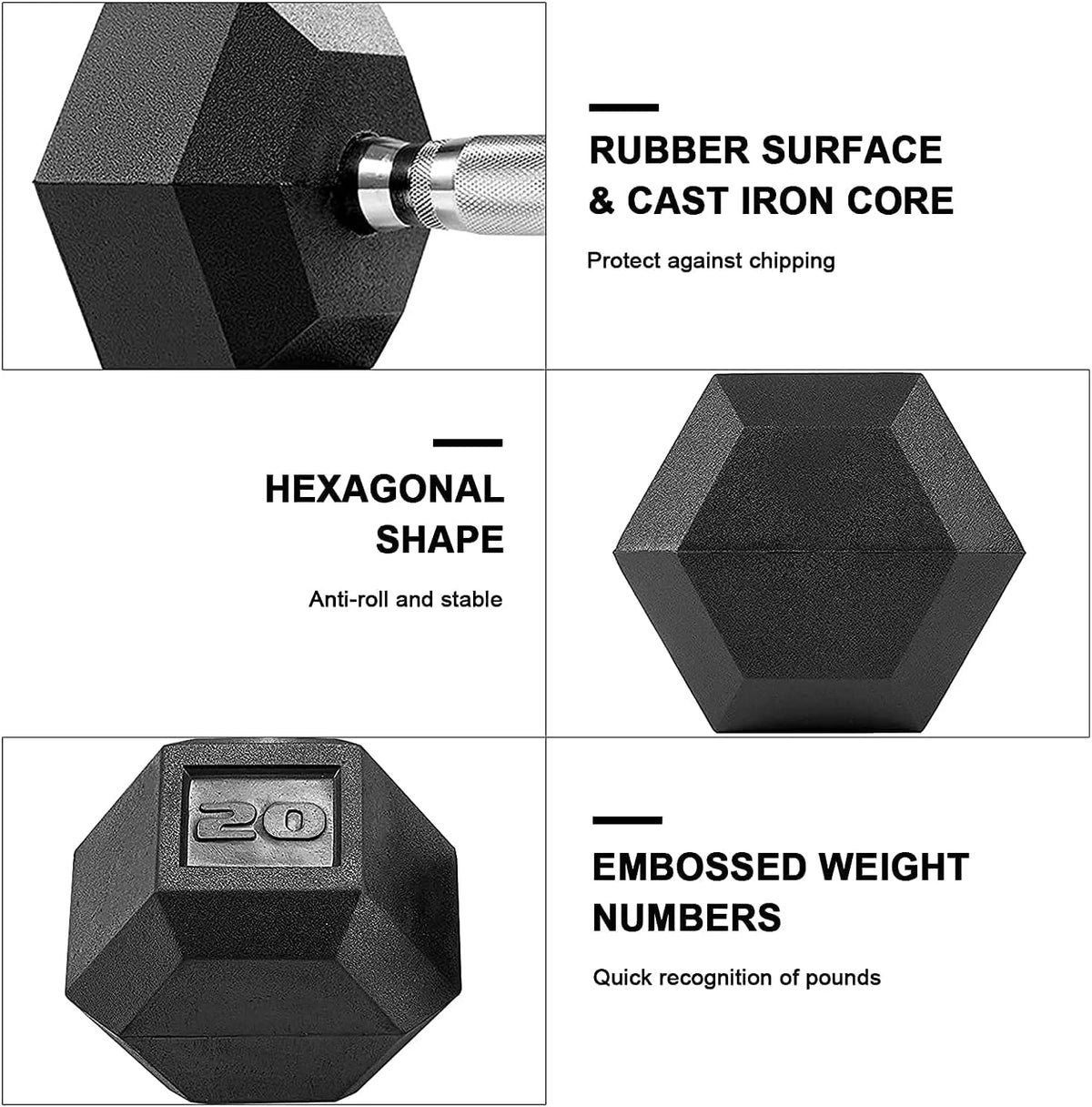 60lbs Pair Black Rubber Coated Cast Iron Hex Dumbbell Set Y9563