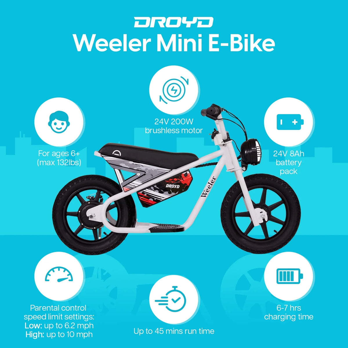 Electric Mini Bike for Kids, 200W, 6.2-10MPH, up to 8 Miles, White J3903