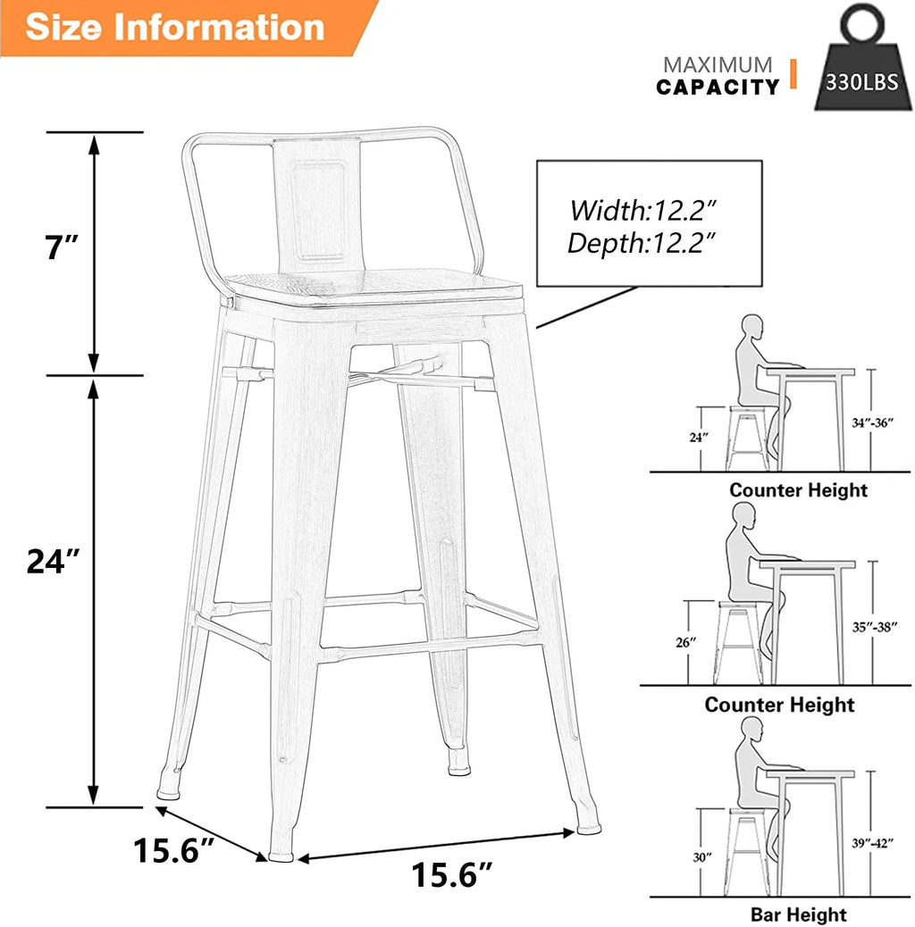 24 Metal Barstools Set of 4 Counter Height with Back K960