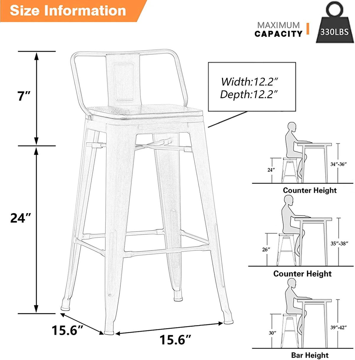 24 Metal Barstools Set of 4 Counter Height with Back K960
