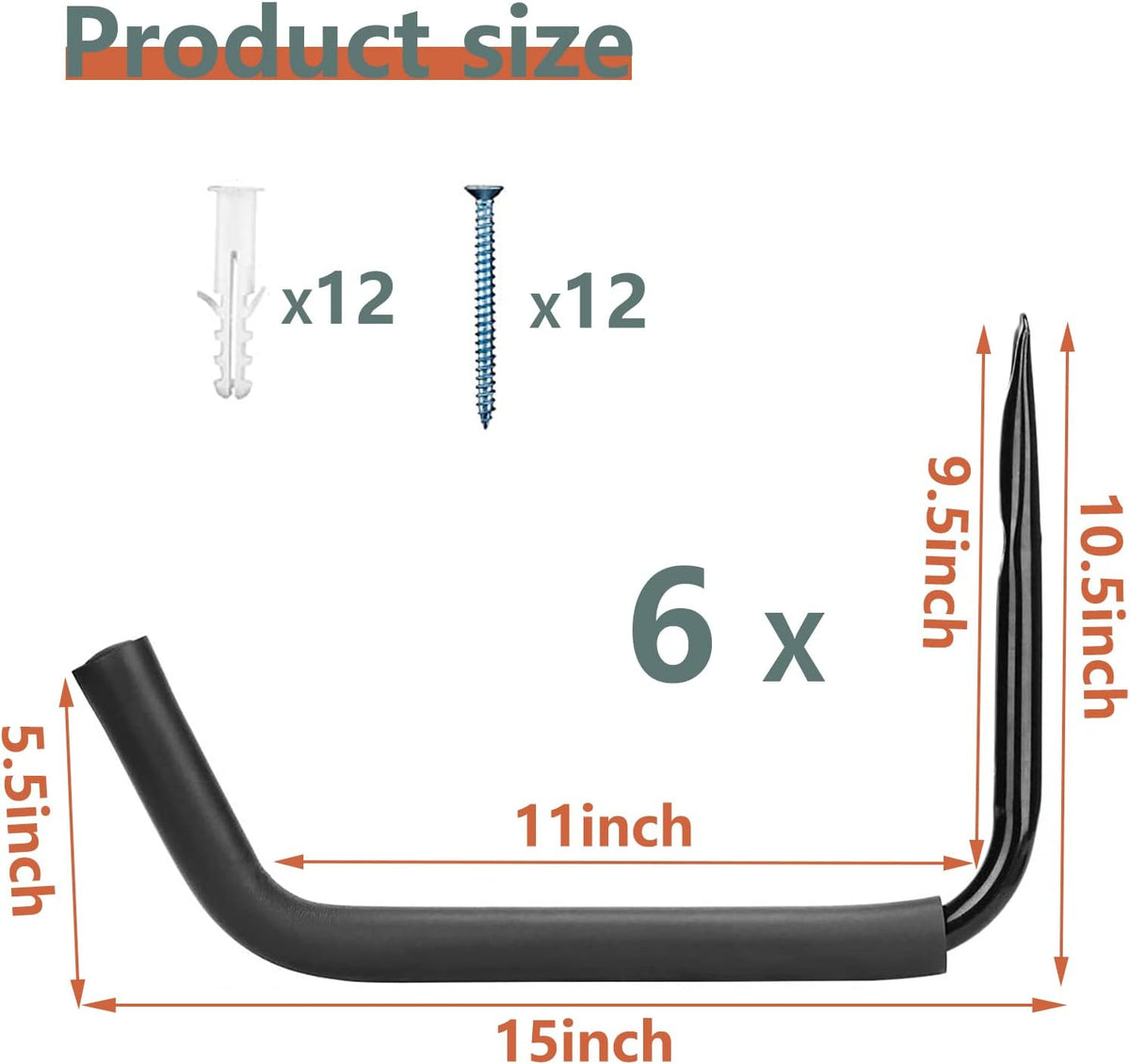 Kayak Storage Heavy Duty Hooks, 15 Inch Wall Mount Jumbo Arm Hanger, 6 Pack N465