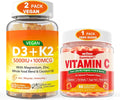2 Pack Vegan Vitamin D3 5000IU K2 Gummies + 1 Pack Vitamin C Gummies N4274