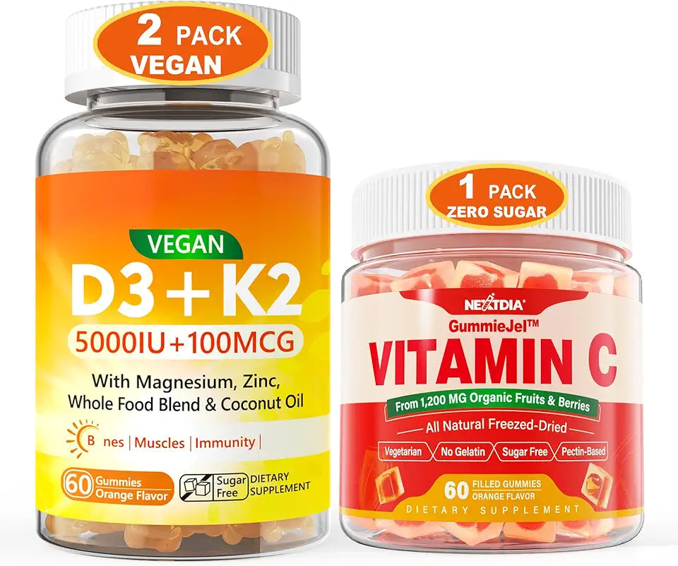 2 Pack Vegan Vitamin D3 5000IU K2 Gummies + 1 Pack Vitamin C Gummies N4274