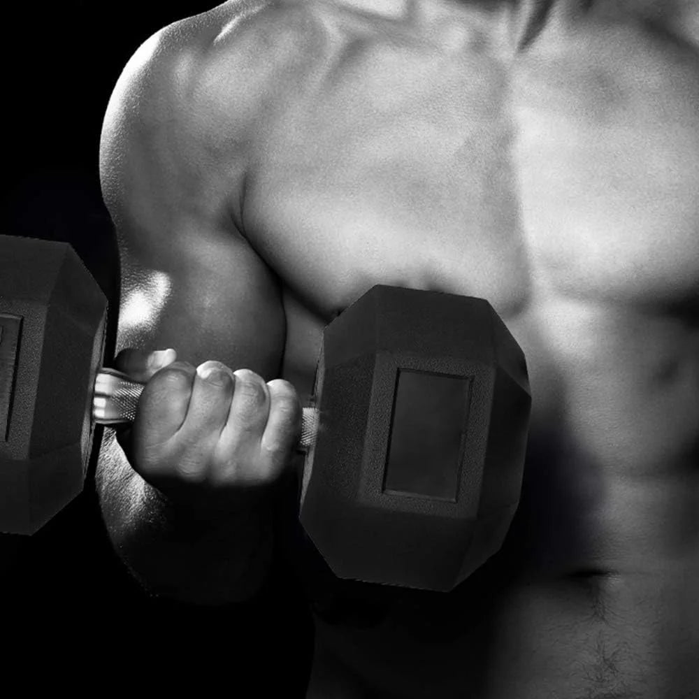 60lbs Pair Black Rubber Coated Cast Iron Hex Dumbbell Set Y9563
