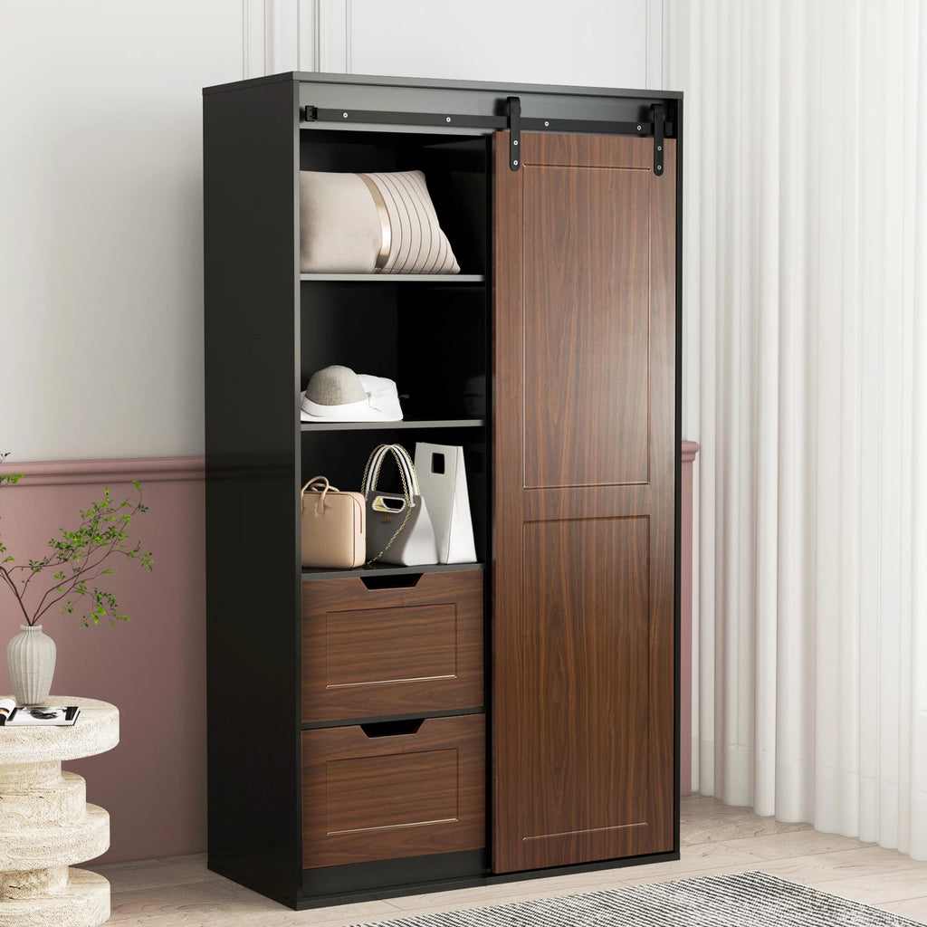 71-inch Black Brown Sliding Barn Door Wardrobe and Cabinet J82210