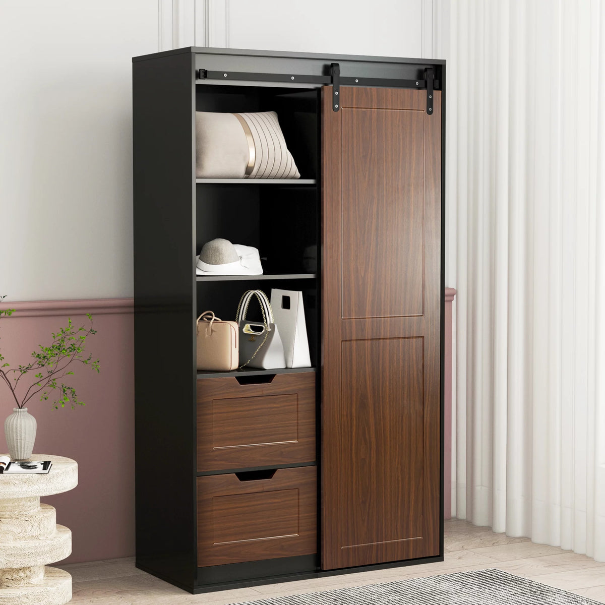 71-inch Black Brown Sliding Barn Door Wardrobe and Cabinet J82210