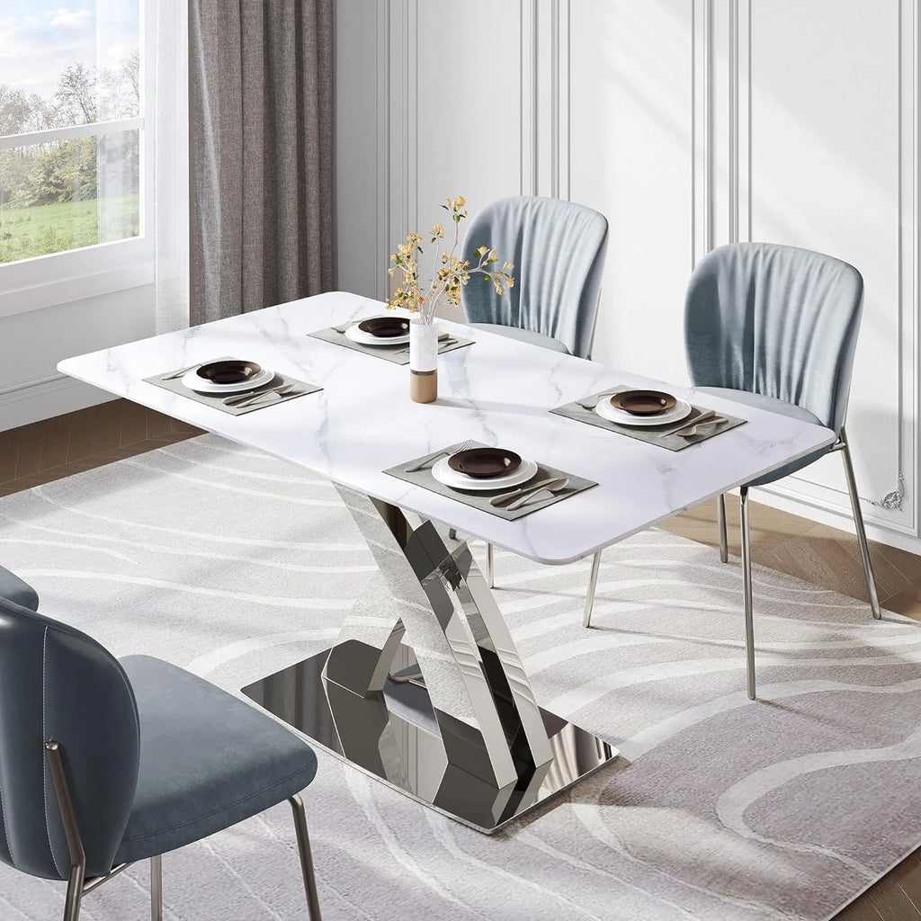 White Sintered Stone Dining Table for 6 with Stainless Steel Base H45335