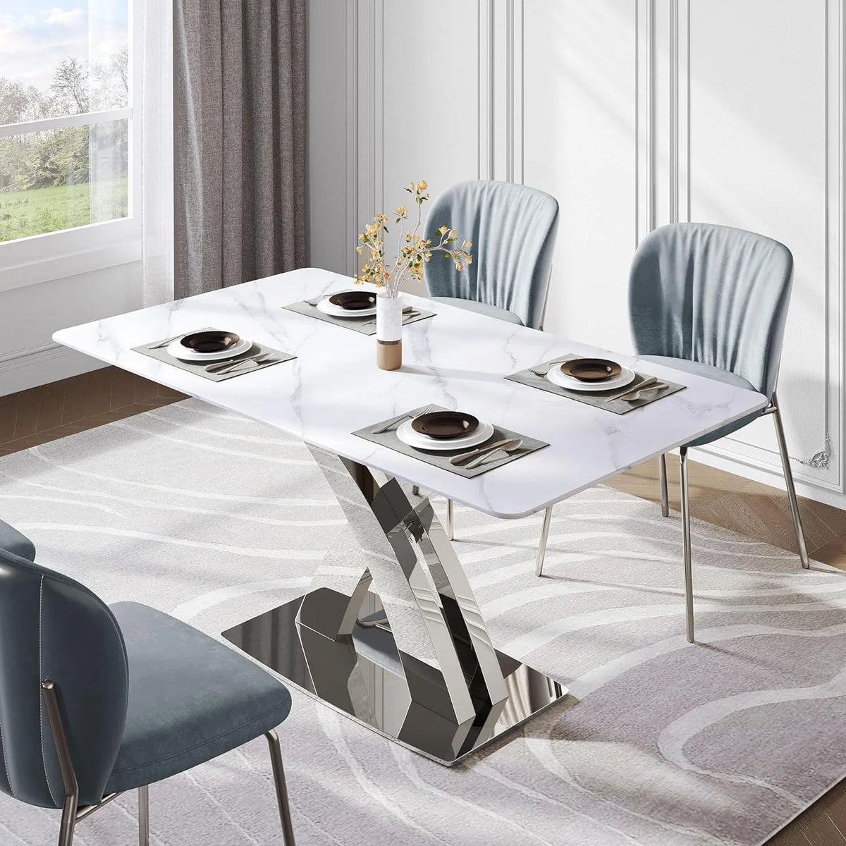 White Sintered Stone Dining Table for 6 with Stainless Steel Base H45335