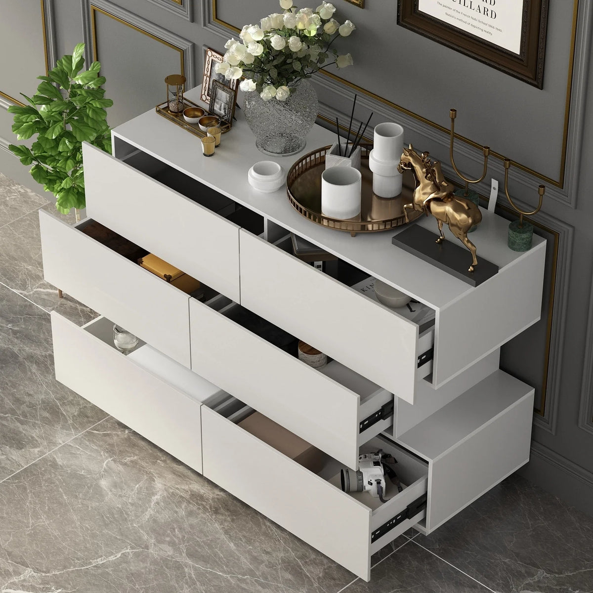 White 6 Drawers High Gloss Dresser C43472