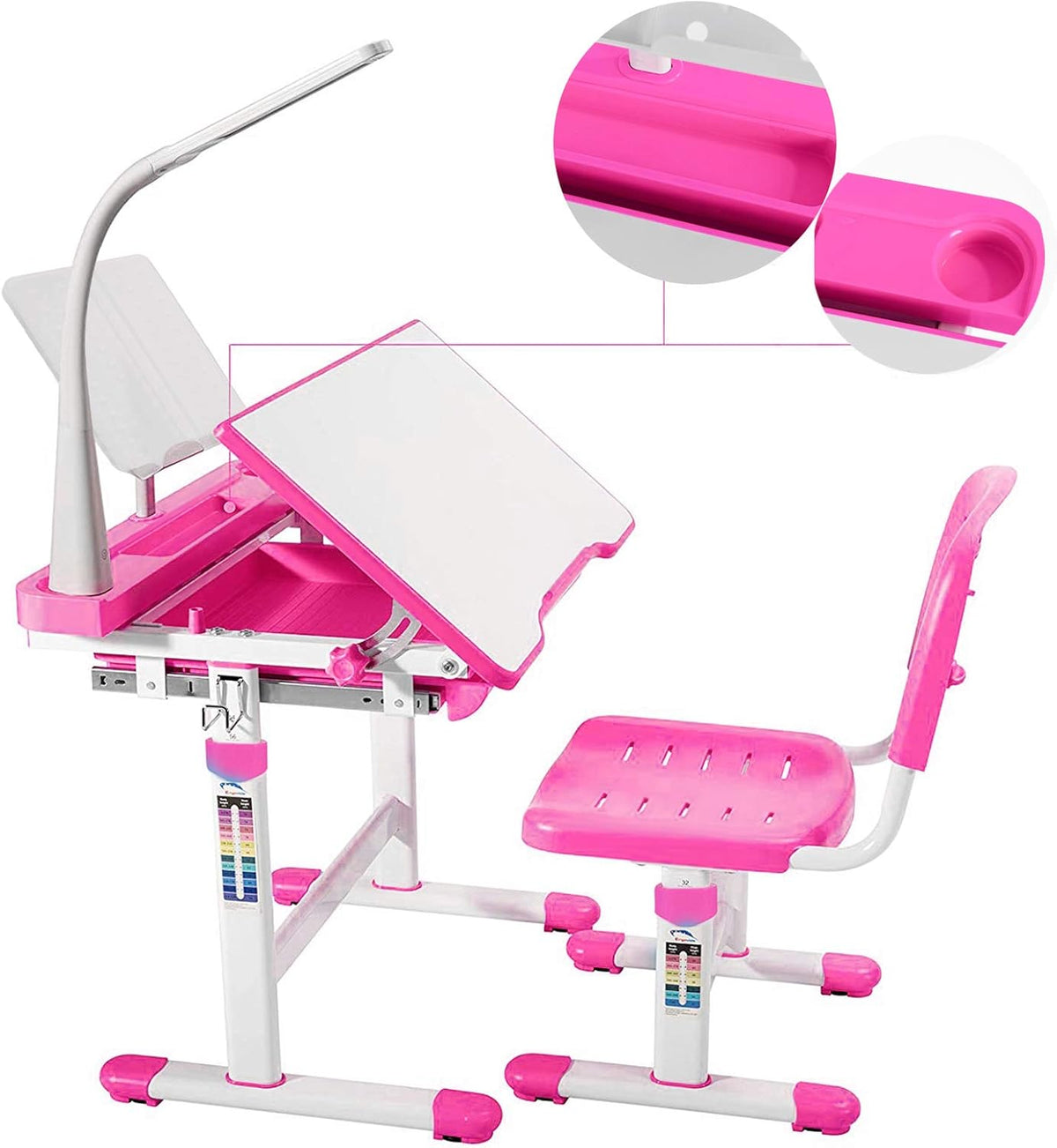 Pink Height Adjustable Kids Desk and Chair Set with Drawer Storage O280