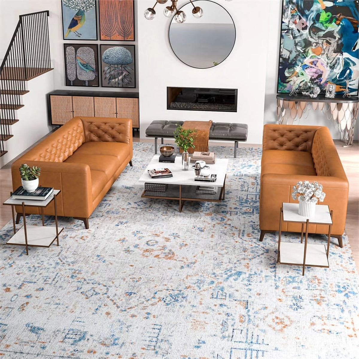 Mid-Century Tan Leather Sofa Set S745