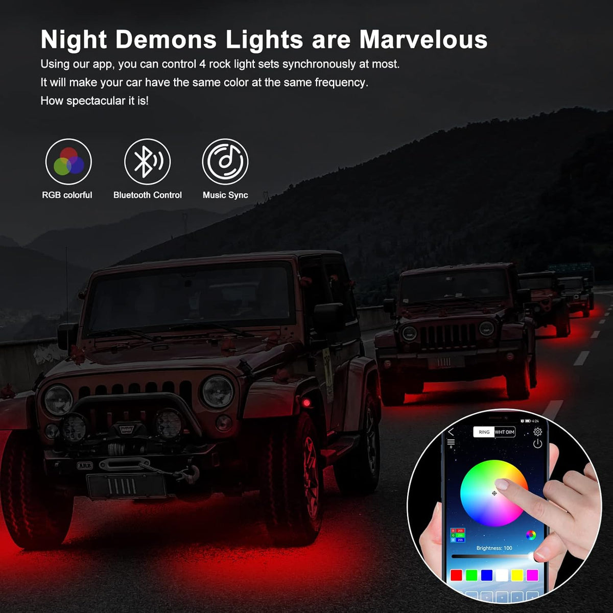 RGB LED Rock Lights 4 Pods Car Neon Underglow Kit Wheel Well Light Multicolor Waterproof Pack of 2 O988