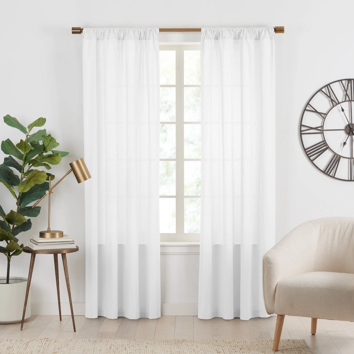 Semi-Sheer Stripe Organic Cotton Window Curtain Pair White 84 Q54792