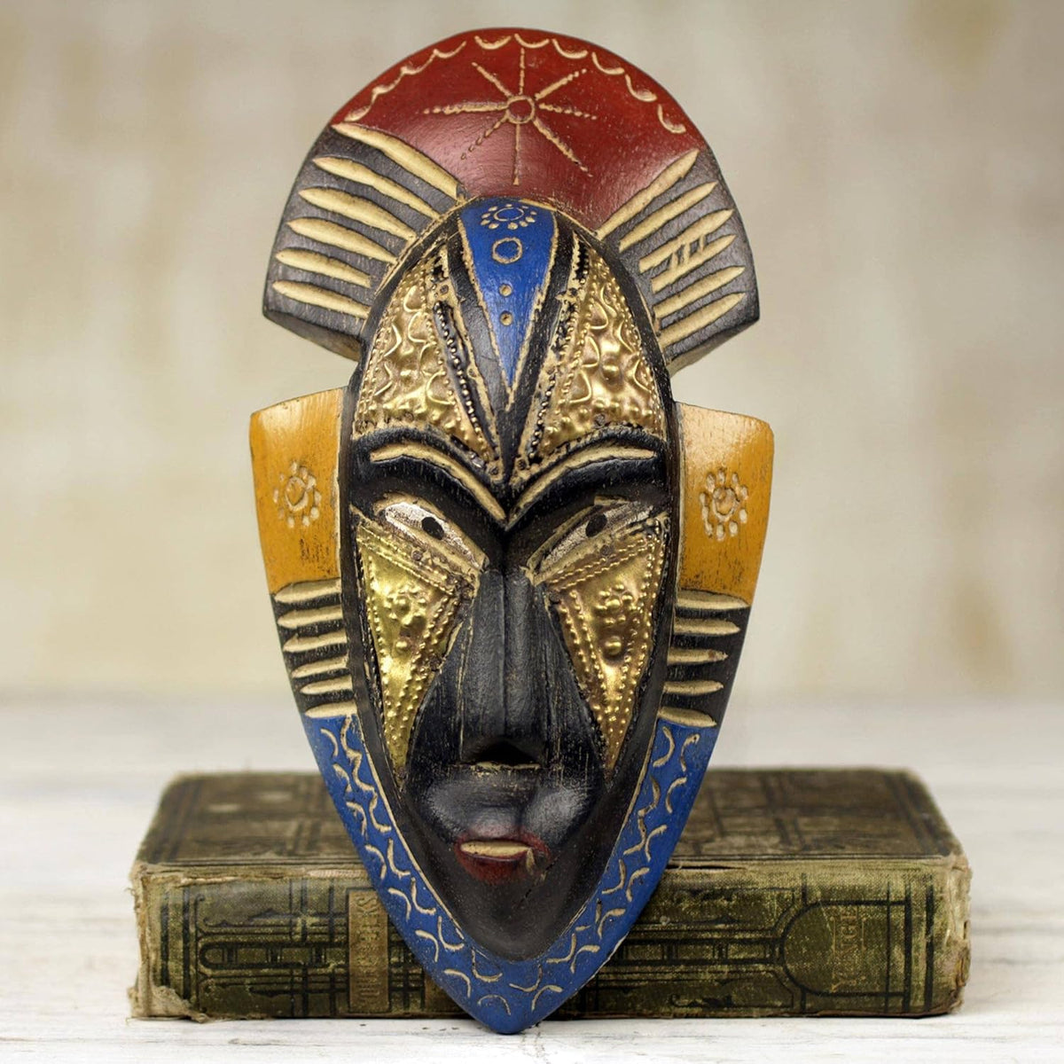 Painted Red and Blue Hand Carved Wood Wall Mask F905