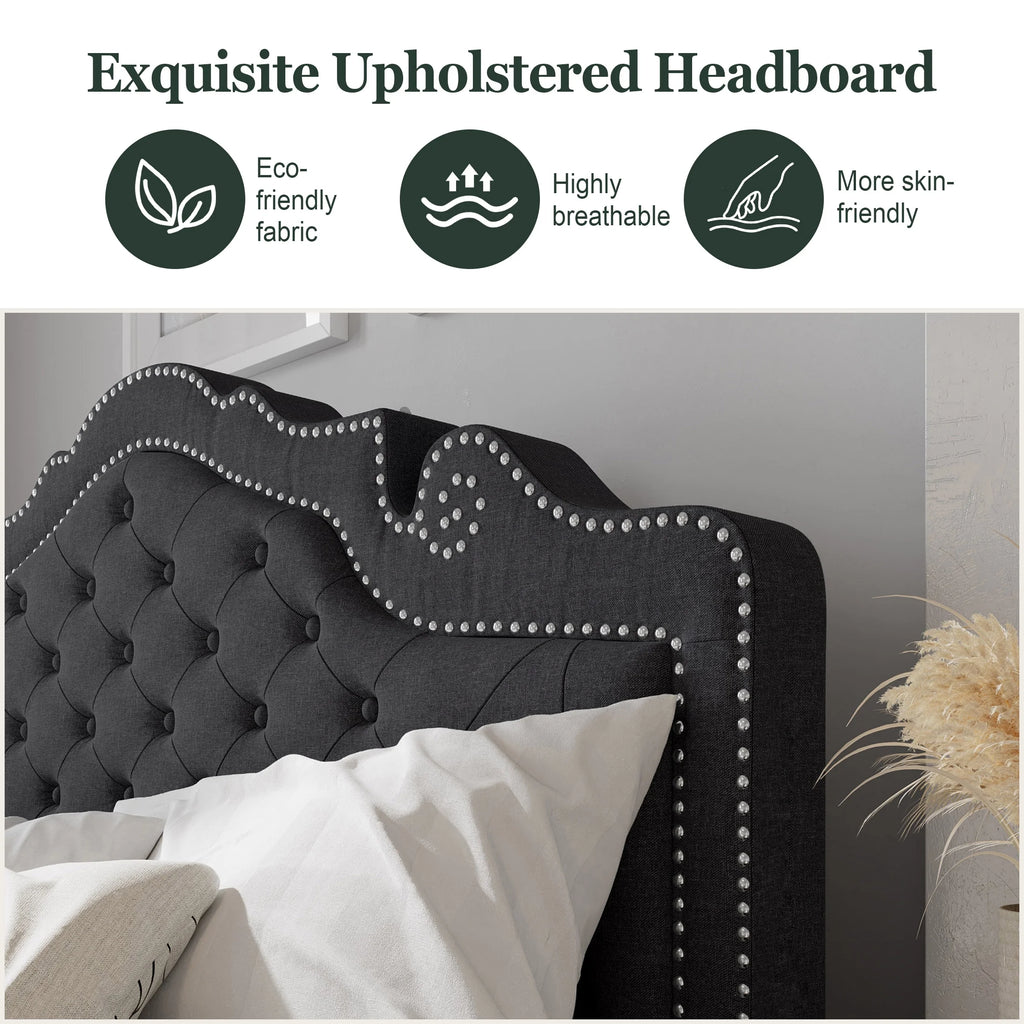 Queen Size Upholstered Platform Bed Frame with Adjustable Headboard, Black Q737