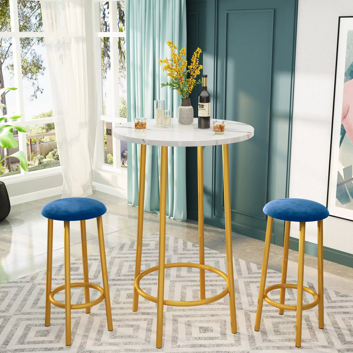 White Blue Velvet Bar Table Set with 2 Stools G2749