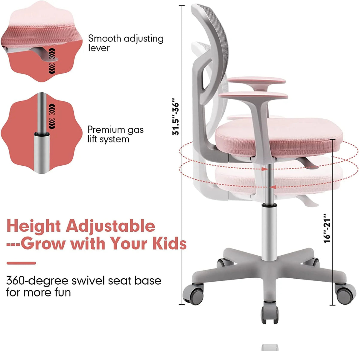 Kids Desk Chair with Adjustable Height, Lumbar Support, Mesh Seat (Pink) V81369