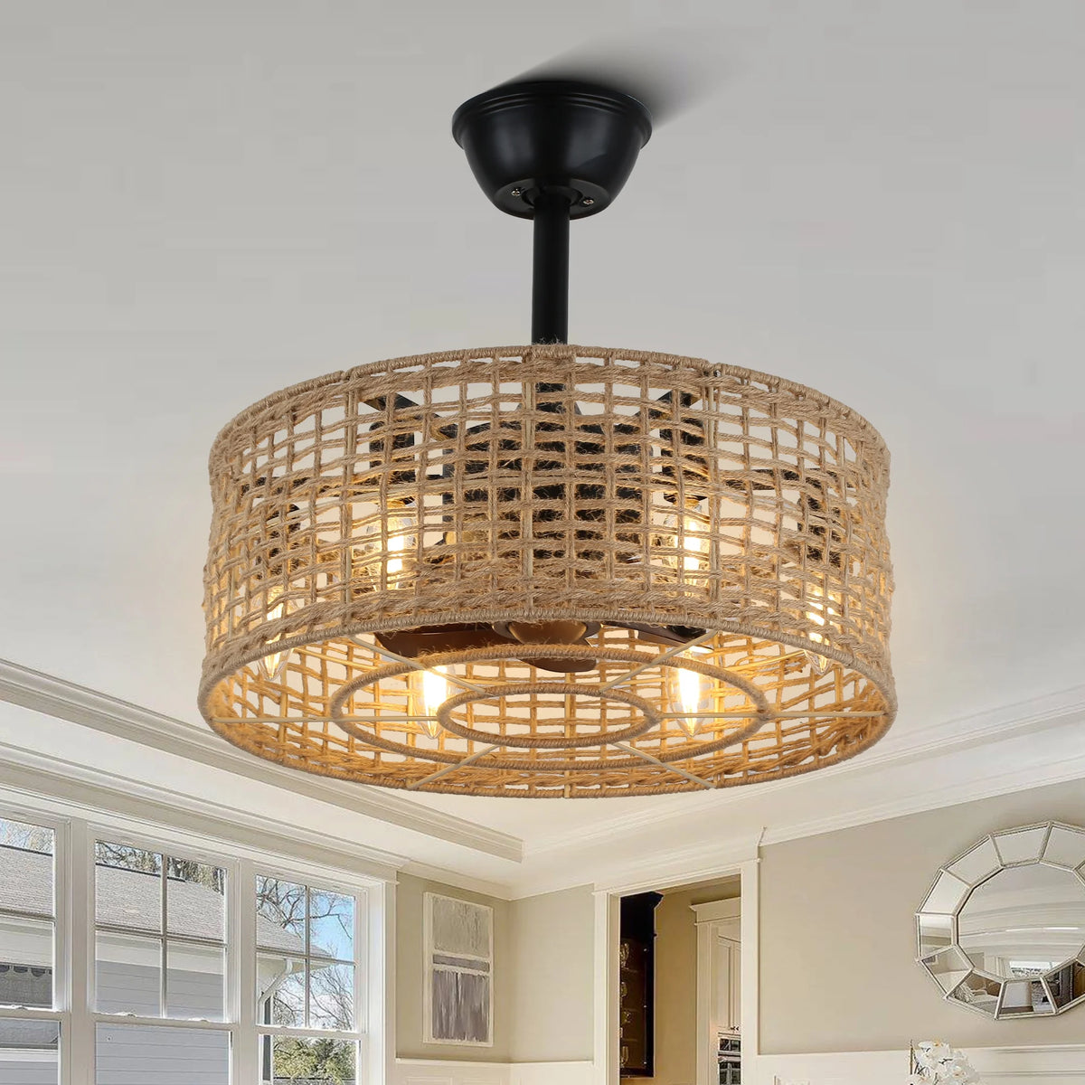 20" Rattan Caged Ceiling Fan with Lights and Remote Control J233358