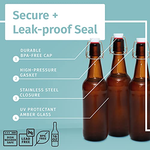 Swing Top Glass Bottles Set of 6, 16oz Clear with Caps T594