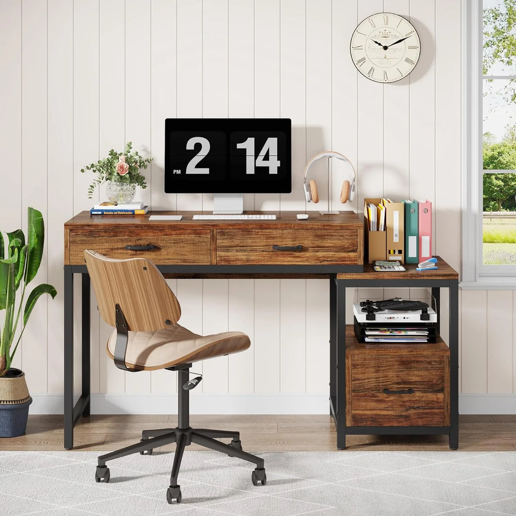 52 Inch Computer Desk with File Drawers and Storage Shelves R7113