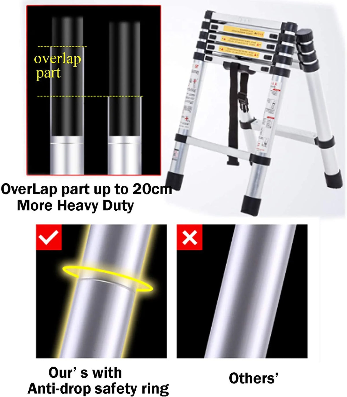 Telescopic Step Ladder Aluminium Heavy Duty 150KG Capacity Folding Anti-Slip Stepladder I184560
