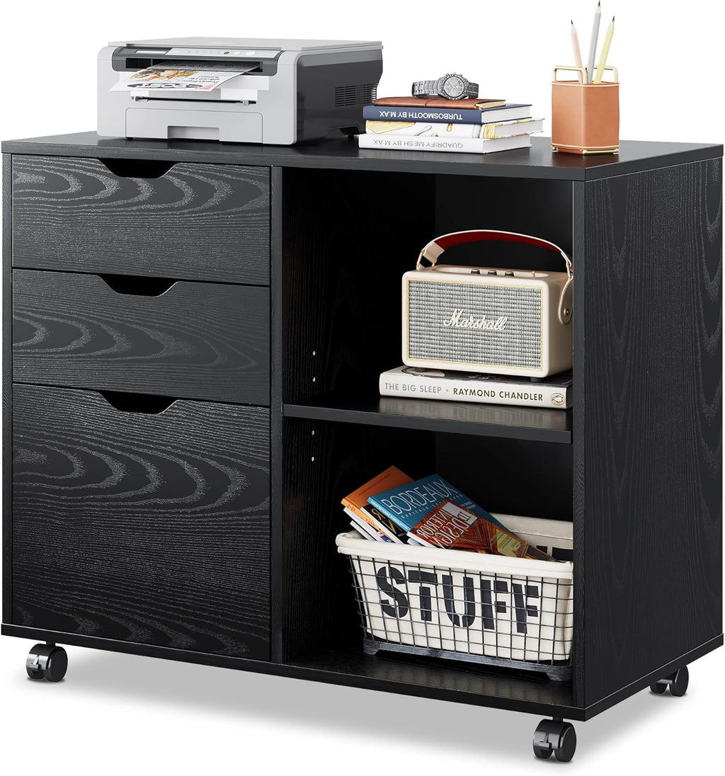 White 3-Drawer Mobile Wood File Cabinet with Open Storage Shelves N7868